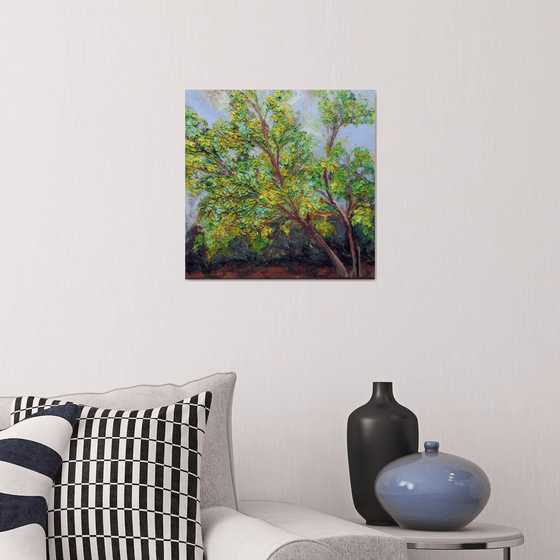 Mimosa Yellow Blooming Tree Palette Knife Heavy Textured Small 16x16 in. (40x40 cm)