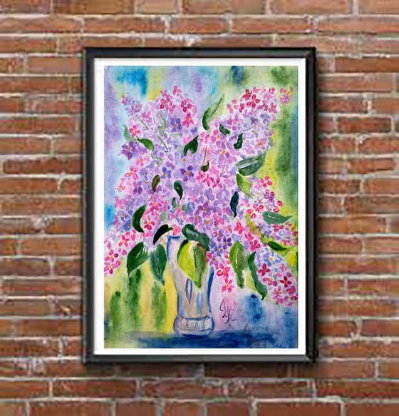 Lilac Painting Floral Original Art Flowers Watercolor Artwork Small Home Wall Art 12 by 17" by Halyna Kirichenko