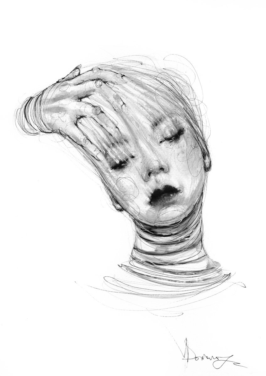 Expressive Portrait Ink Drawing By Doriana Popa, 8 X 12, Forget, Original Artwork