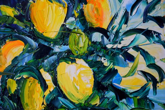 Lemons oil painting, tropical wall art, fruits canvas art, kitchen decor