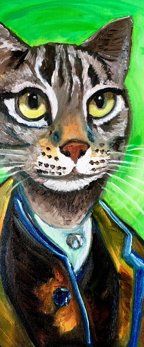 Cat Vincent Van Gogh inspired by his self-portrait on green background by Olga Koval