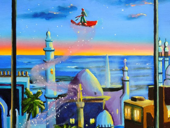 "Aladdin's flight" oil on canvas painting