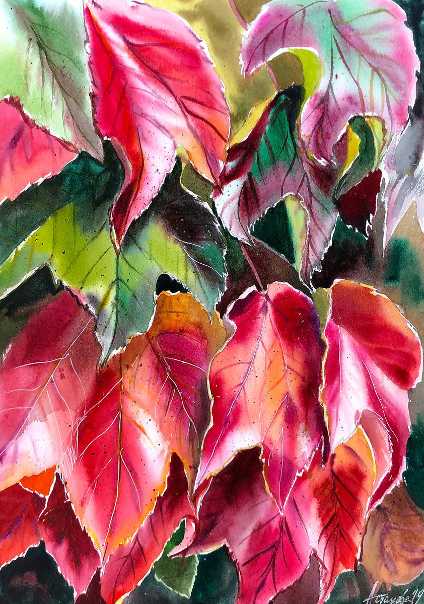 Impressionistic Botanical Watercolour By Ksenia Astakhova, 14 X 20", Autumn Leaves From La-Tour-De-Peilz, Original Artwork