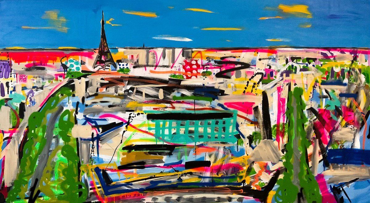 Expressive Cityscapes Acrylic Painting By V. Lishko, 71 X 39", Paris, Original Artwork