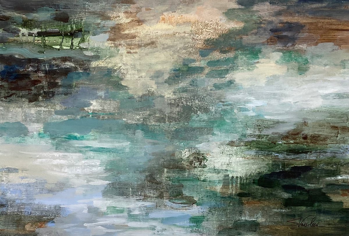 Expressive Abstract Acrylic Painting By Silvia Vassileva, 36 X 24", Marsh, Original Artwork