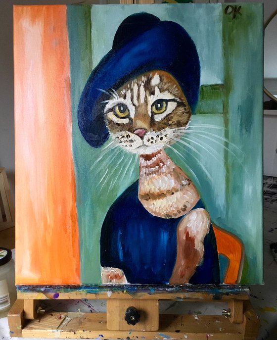 Cat Lady in a hat, Inspired by Amedeo Modigliani portrait Joanne Hebuterne