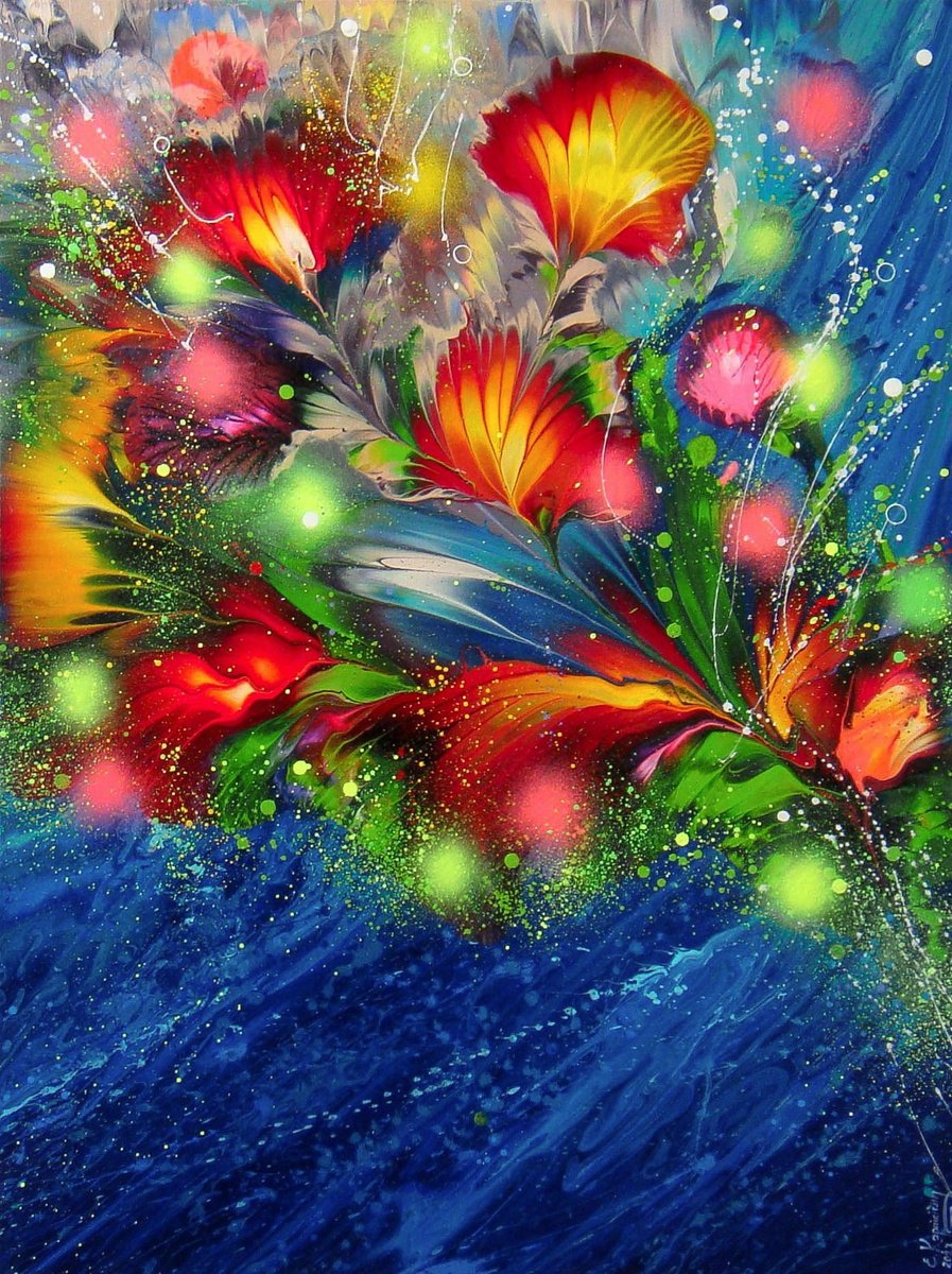 Summer Sea Breeze Floral Abstract Painting 60 x 80cm by Irini Karpikioti