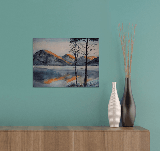 Norwegian original watercolor painting Winter mountains in Norway, snowy fjords in sunset, lake