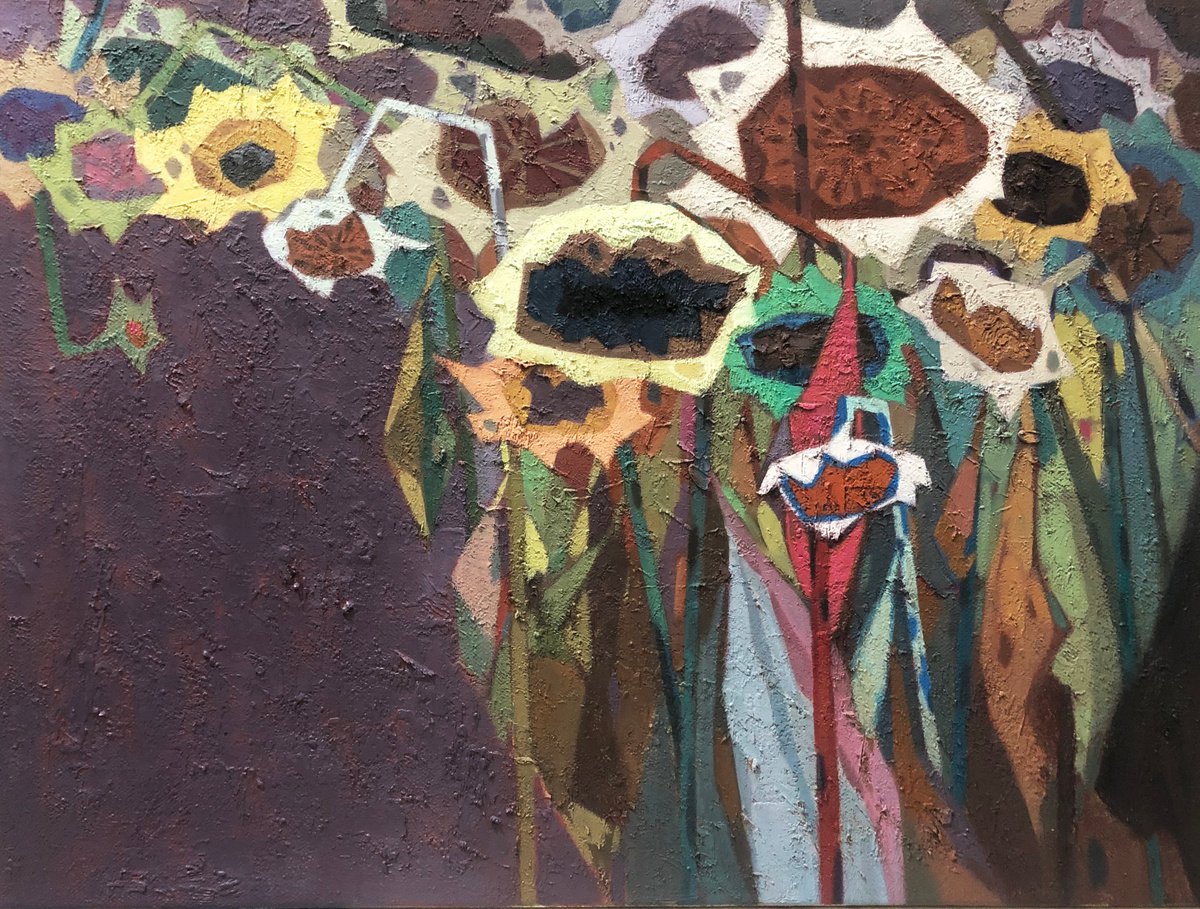 Impressionistic Botanical Oil Painting By Kunlong Wang, 39 X 30", Sunflowers, Original Artwork