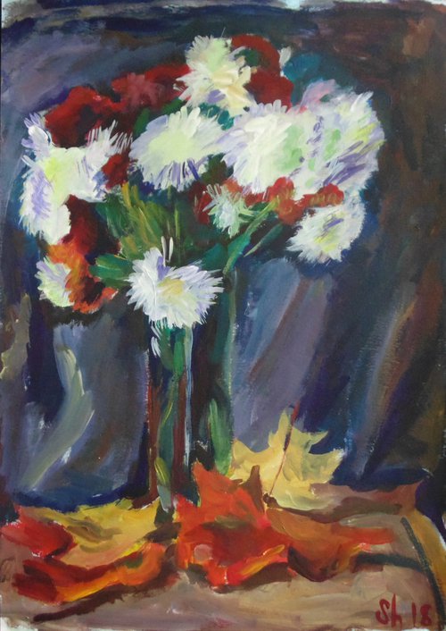 Flowers and dry leaves. Acrylic paints on dense primed paper. 42 x 60 cm by Alexander Shvyrkov