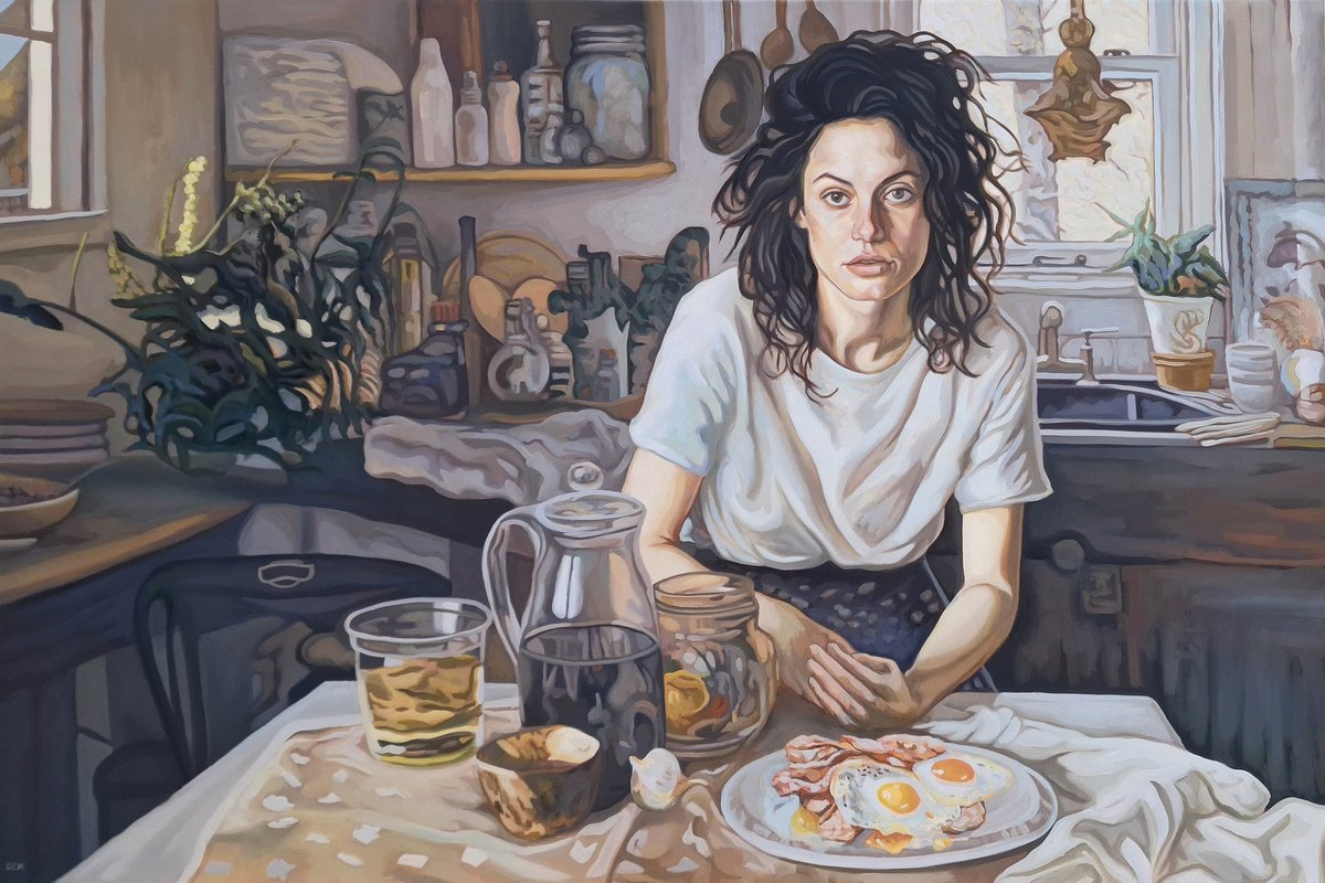 Photorealistic Portrait Oil Painting By Gabriel - Cristian Matei, 65 X 43, Honey, Breakfast Is Ready!, Original Artwork