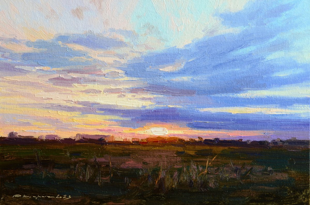 Impressionistic Landscape Oil Painting By Ruslan Kiprych, 12 X 8", Cold November Evening, Original Artwork