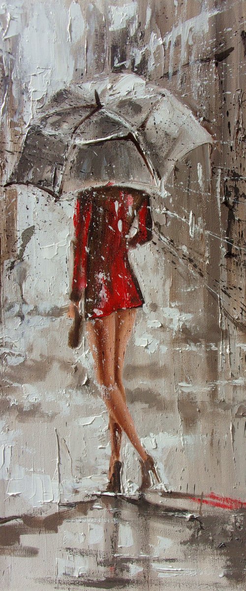 " MARCH RAIN "   street spring summer original painting CITY palette knife GIFT by Monika Luniak