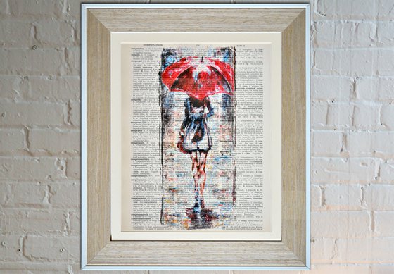 Red Umbrella  - Collage Art on Large Real English Dictionary Vintage Book Page