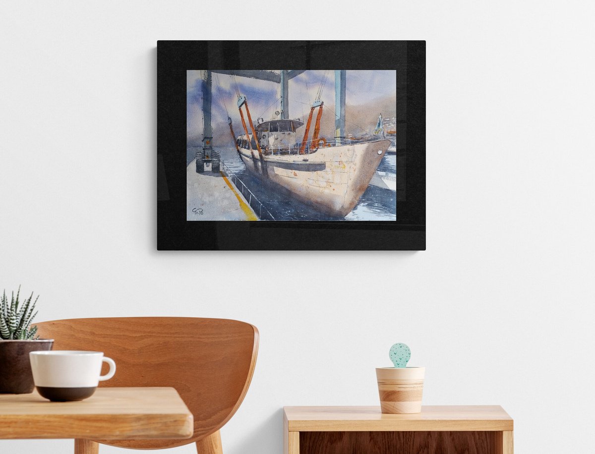 Expressive Transport Watercolour By Tollo Pozzi, 22 X 15", Iseo Ferry (Large Version), Original Artwork