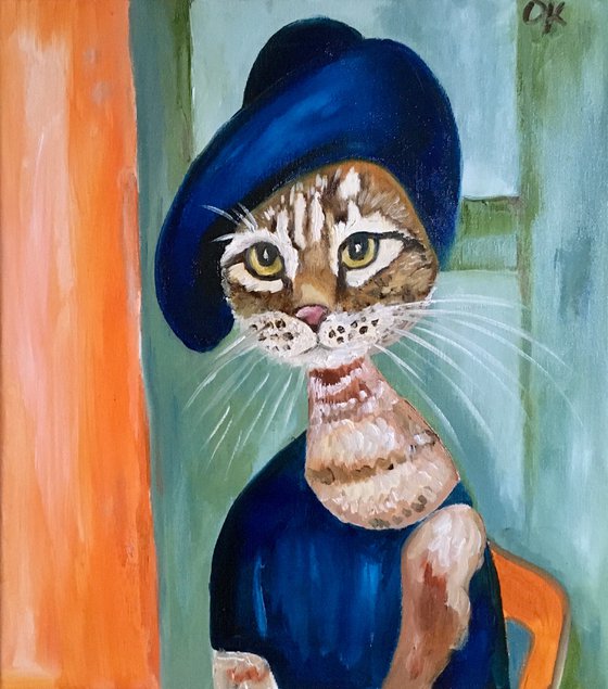 Cat Lady in a hat, Inspired by Amedeo Modigliani portrait Joanne Hebuterne