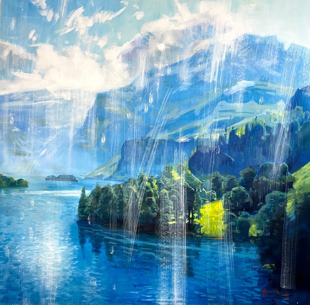 Impressionistic Landscape Acrylic Painting By Paul Cheng, 59 X 60", Blue Reverie, Original Artwork