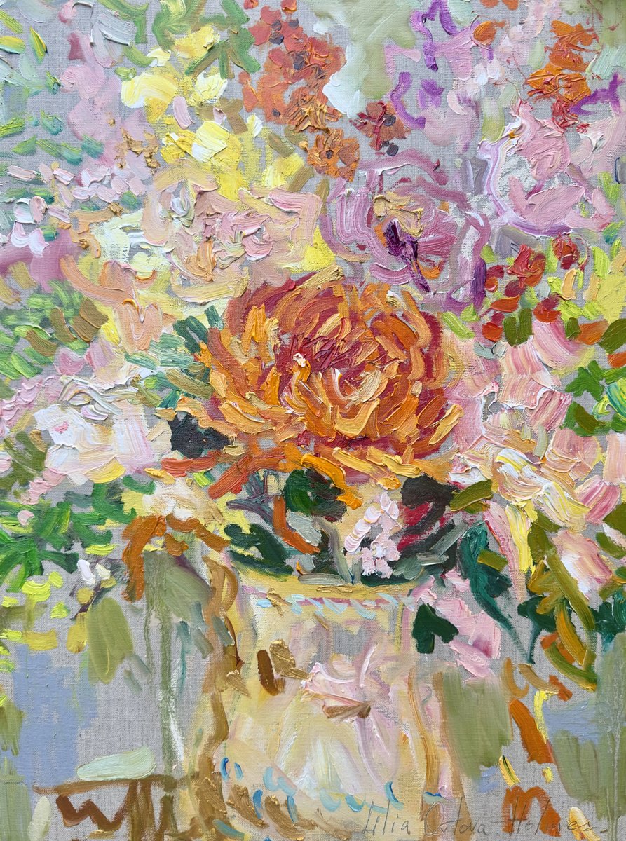 Impressionistic Botanical Oil Painting By Lilia Orlova-Holmes, 18 X 24", Vase Of Flowers., Original Artwork