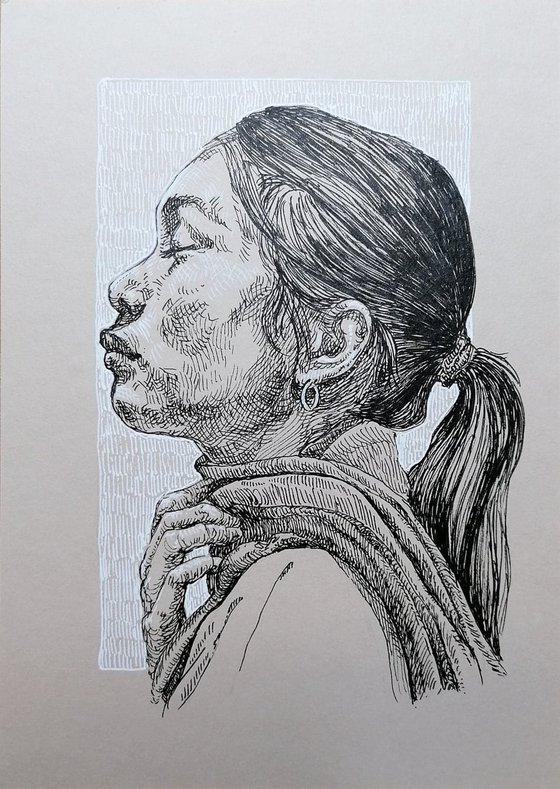 Asian woman portrait. Portrait on paper