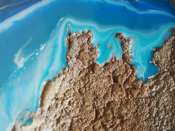 Blue lagoon - original textured artwork, epoxy resin, gold, cooper on canvas