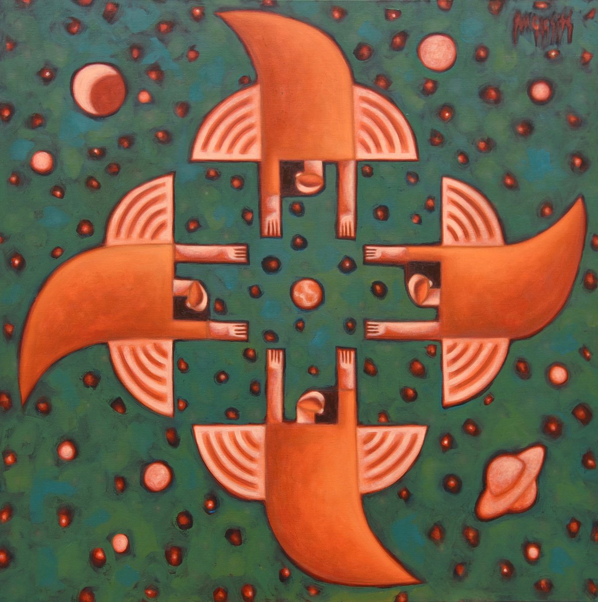 Surrealistic Portrait Oil Painting By Malasits Zsolt, 39 X 39", Dance Of Angels 1., Original Artwork