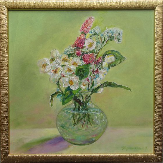 Summer dreaming - Romantic Traditional Impressionistic not Abstract Prizewinning Medium-sized Ligt Green Pink Special Gift Idea Country Flowers Oil Painting 15,8x15,8 in. (40x40 cm)