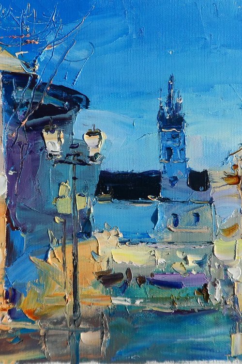 Evening Christmas Lights Landscape Original oil painting by Yehor Dulin