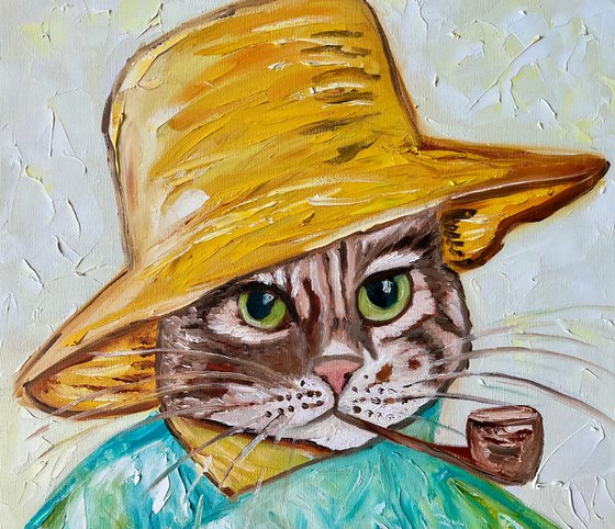 Cat La Vincent Van Gogh with a pipe. by his self portrait in a straw hat.