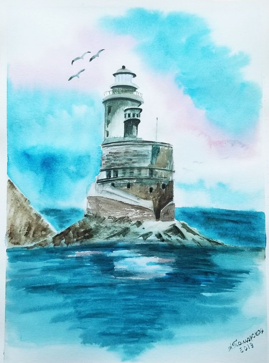 Aniva Lighthouse on Sakhalin Island (Russia). Original Watercolor Painting on Cold Press P... by Alexandra Tomorskaya/Caramel Art Gallery