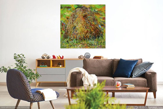 HAYSTACK. EARLY MORNING -  XL large landscape art, original oil painting, village countryside summer art green brown nature impressionism art office interior home decore 150x150 cm