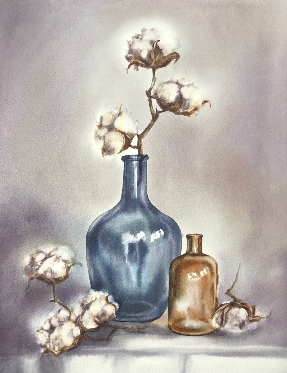 Impressionistic Still Life Watercolour By Alina Karpova, 12 X 16, Still Life With Cotton, Original Artwork