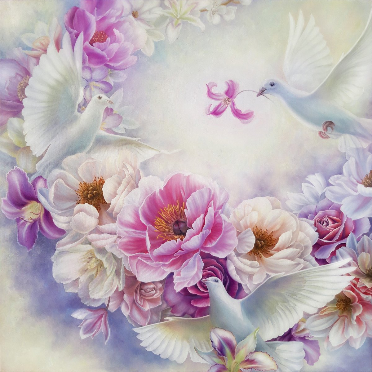 Floral dance, oil flowers painting, birds art by Anna Steshenko