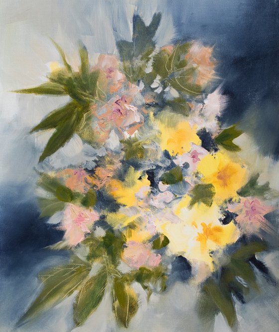 Modern still life with yellow and pink flowers bouquet in indigo, grey, green and mustard