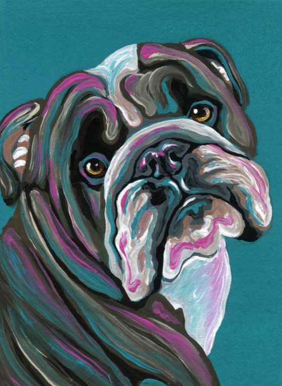 ACEO ATC Original Painting English Bulldog Pet Dog Art-Carla Smale