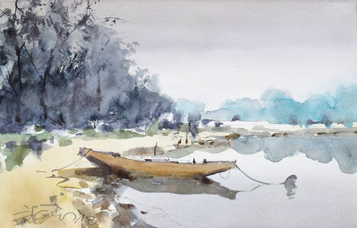 Boat on the river by Goran Zigolic Watercolors