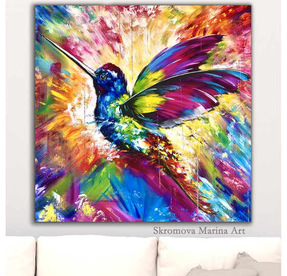 ENERGY COLOR - Exotic bird. Fabulous bird. Abstract bird. Gorgeous hummingbird. Paradise hummingbird. Flight. Magic. Dreams. Multi-colored. Close-up.