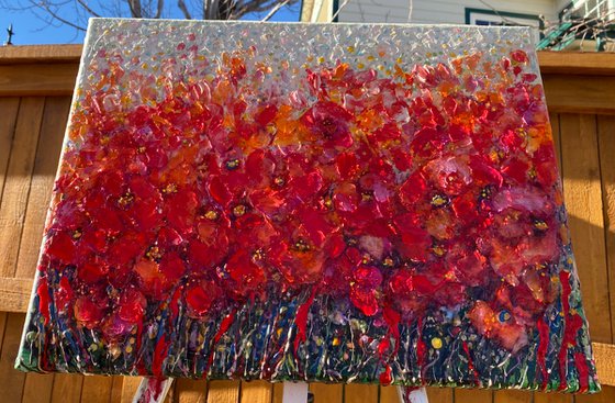 Poppy Field  -  Floral Abstract  Original Palette Knife Painting by OLena Art 14 X 18: X 0.5"