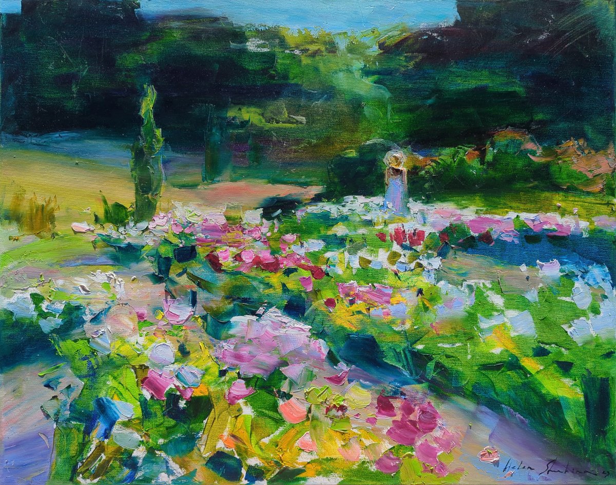 Impressionistic Landscape Oil Painting By Helen Shukina, 28 X 22, Walk In A Botanical Garden, Original Artwork