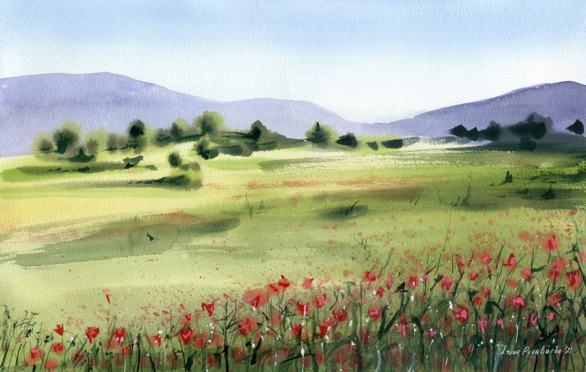 Poppy flowers near the mountains panorama original watercolor painting, bright colors fie... by Irina Povaliaeva