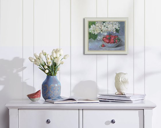 Still life with Hydrangea and strawberry original oil painting