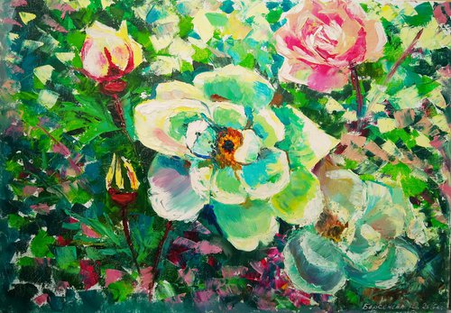 White rose hip, Wild Rose Painting Flower Original Art Abstract Floral Artwork 50x35 cm, ready to hang. by Yulia Berseneva