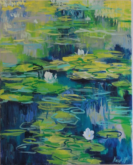 Summer pond 80x100 cm water lilies landscape big oil painting