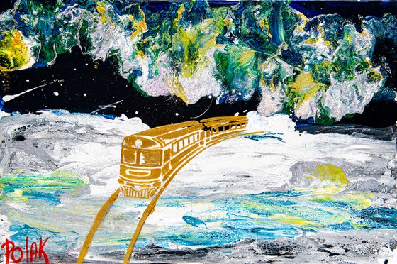 Train and winter night sky with northern lights snow frost raiway