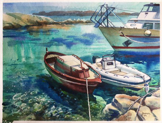 Boats on the island of Sardinia. Seascape. Boats at sea