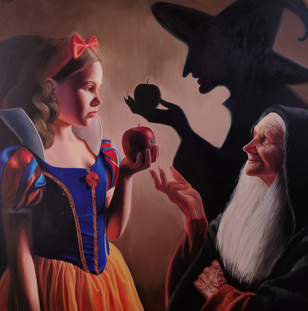 Surrealistic Portrait Oil Painting By Laura Muolo, 31 X 31", Snow White Tries The Magic Apple!, Original Artwork
