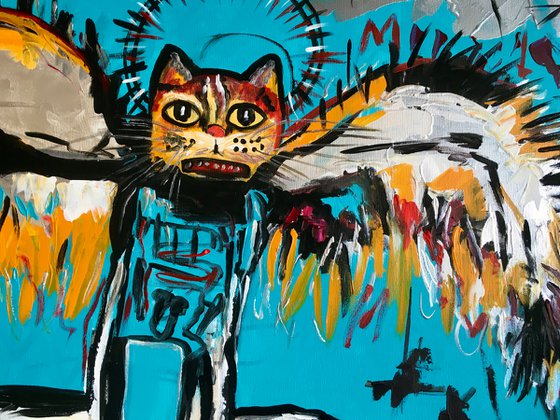 81x61cm Cat La Fallen Angel version of famous painting by Jean-Michel Basquiat