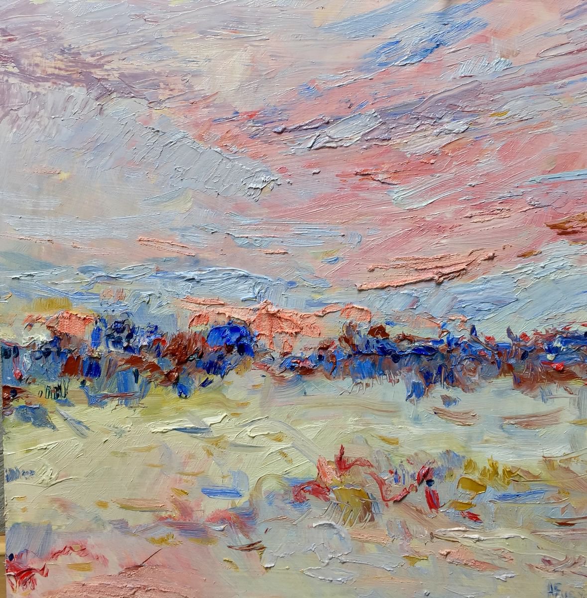 Expressive Landscape Oil Painting By Altin Furxhi, 17 X 17, Abstract Landscape 1, Original Artwork