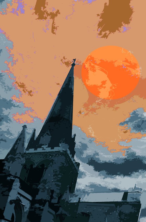 Orange Moon above a Sussex Church