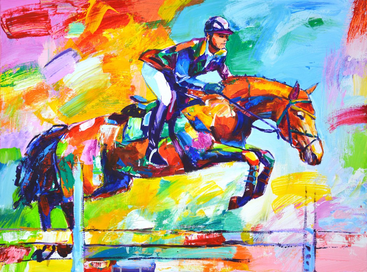 Expressive Animal Acrylic Painting By Iryna Kastsova, 31 X 24, Horse Racing., Original Artwork