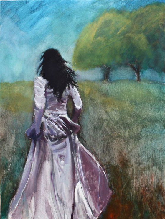 Woman Walking toward 2 Trees II (Large Painting)